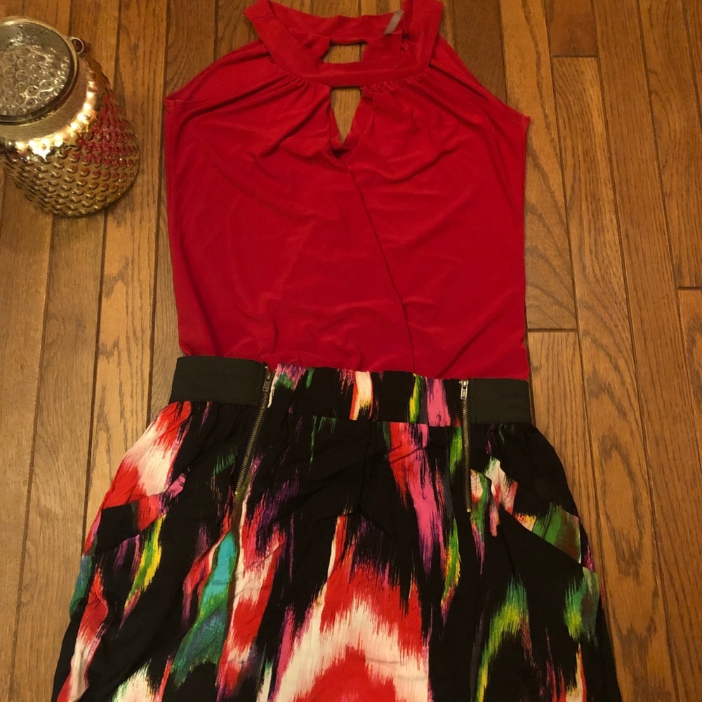 Charlotte Russe red top w/multi color skirt